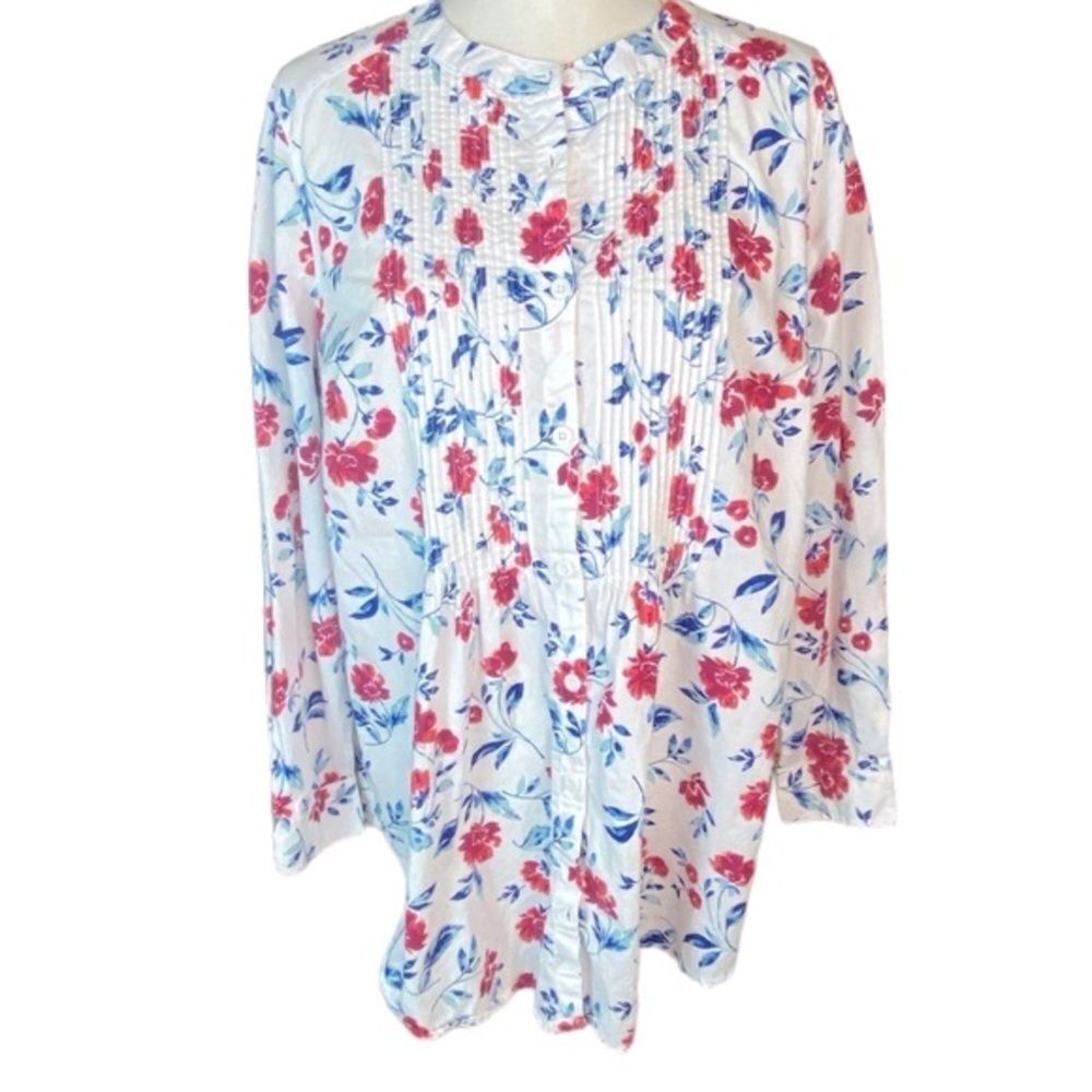 Woman Within Wm’s Sz 18/20 White Floral Pleated Front Collarless Button Shirt